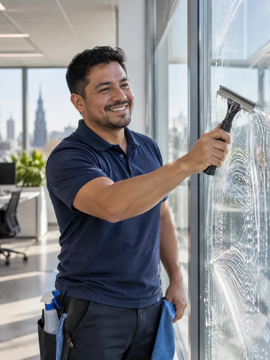 Schoonmaker wast een grote glazen gevel